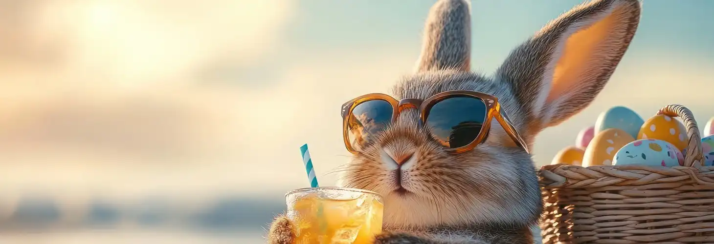 Osterhase sitzt mit Cocktail am Strand