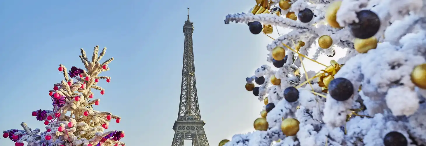 Weihnachtsbaum bedeckt mit Schnee nahe dem Eiffelturm in Paris