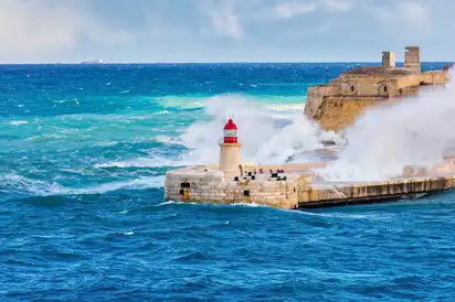 Malta Valetta Stom Old Lighthouse - Forti Rikaoli & British Control Towers - Mediterranean Sea
