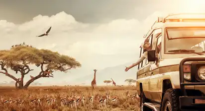 Safari-Fahrzeug in der Savanne, Person schaut aus dem Fenster, Giraffe und Gazellen nahe Baum