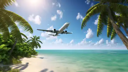 Ein Passagier-Flugzeug über tropischer Traumlandschaft