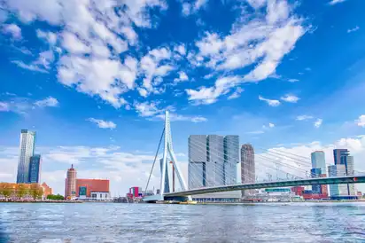 Skyline von Rotterdam mit Erasmusbrücke über den Fluss, unter blauem Himmel.