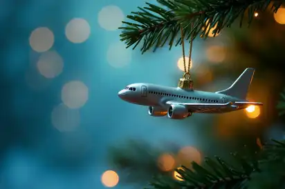 Nahaufnahme eines Flugzeugs, das an einem Weihnachtsbaum hängt
