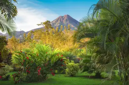 Vulkan Arenal in Costa Rica, umgeben von üppigem Regenwald und tropischer Vegetation.