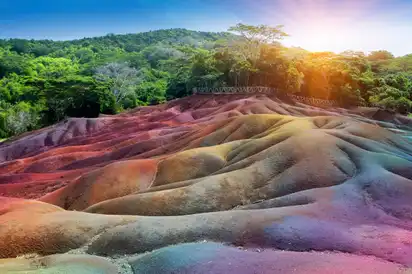 Bunte Sanddünenlandschaft mit Bäumen im Hintergrund bei Sonnenuntergang.