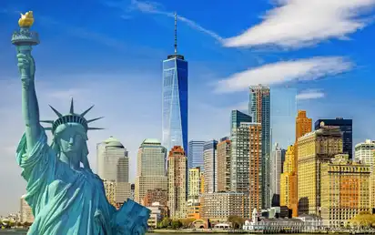 New York Stadtlandschaft, Tourismus-Konzept Foto Freiheitsstatue, Lower Manhattan-Skyline