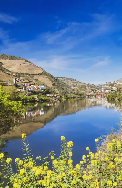 Douro-Fluss mit Weinbergen in Douro-Tal mit Pinhao-Dorf am Hintergrund,Portugal