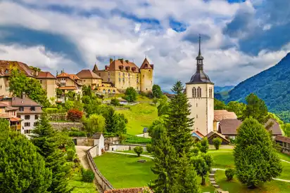 Mittelalterliche Stadt Gruyères, Fribourg, Schweiz