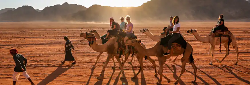 Kamelkarawane im Wadi Rum durch die Wüste, Jordanien