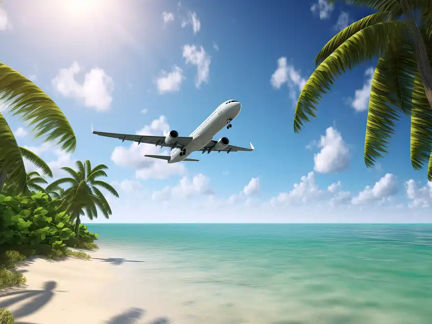 Ein Passagier-Flugzeug über tropischer Traumlandschaft