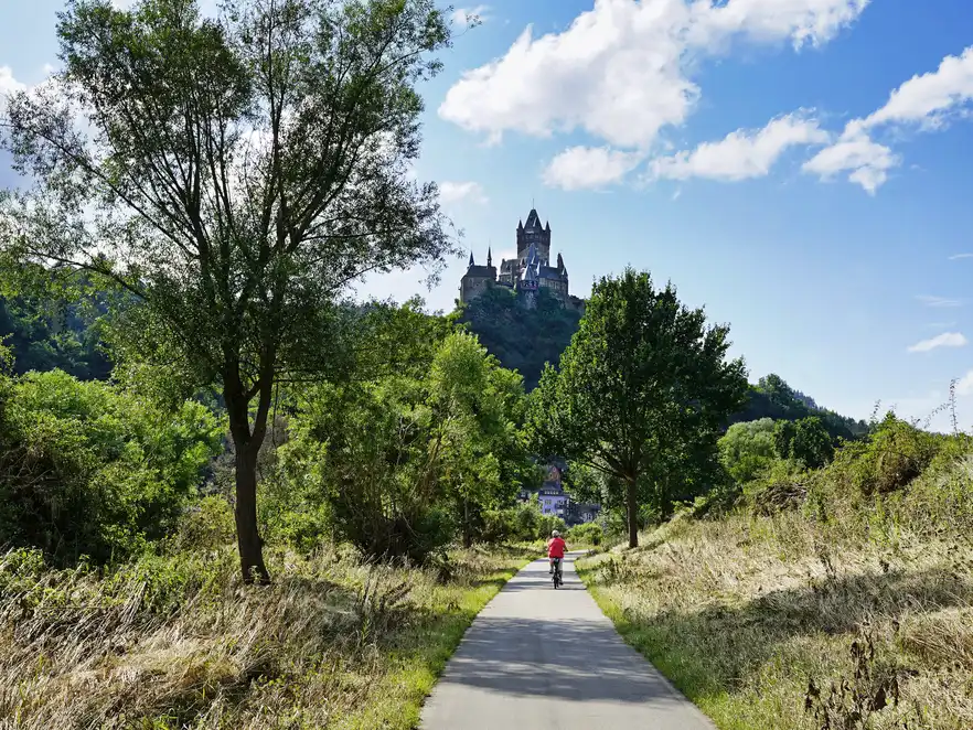 Radweg an der Mosel mit Fahrradfahrer