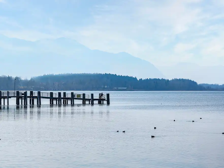 Blick auf den Chiemsee im Winter